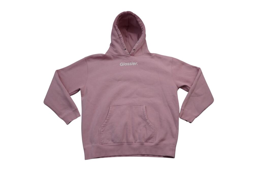 Glossier Hoodie Womens Large Pink Pullover Kangaroo Pocket Sweatshirt Logo